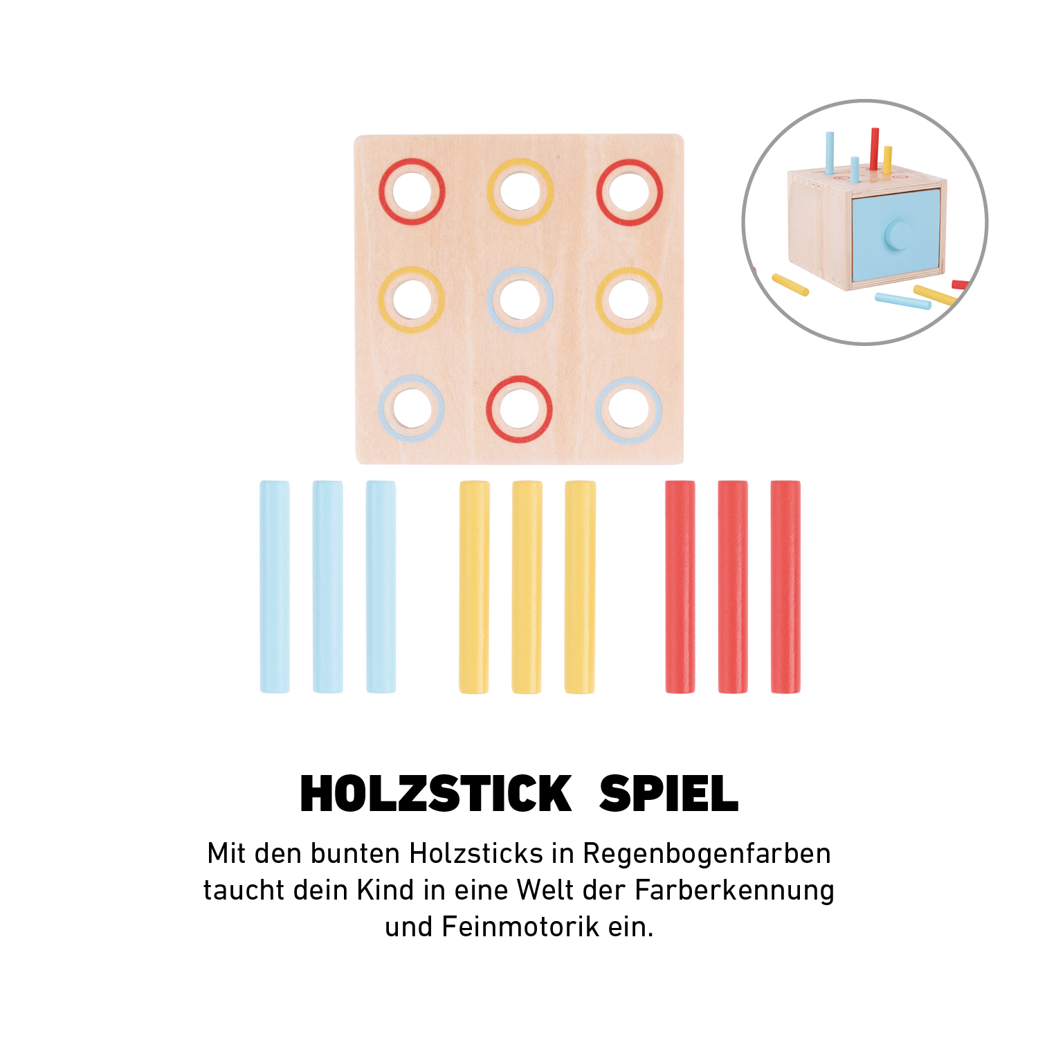 Montessori Würfel - Holzstick Spiel zur Förderung von Farben-, Formenverständnis und Feinmotorik