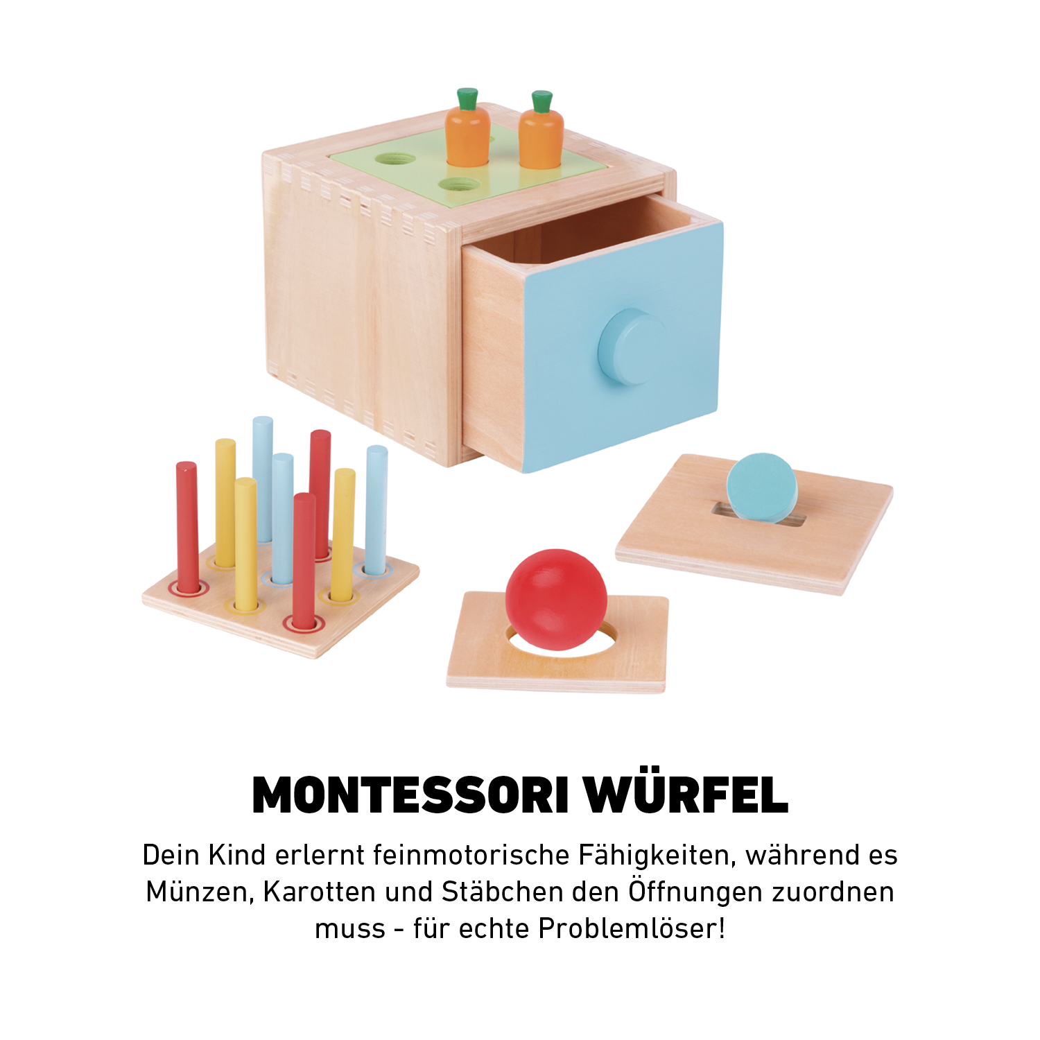 Montessori Würfel zur Förderung von Farben, Formenverständnis und Feinmotorik