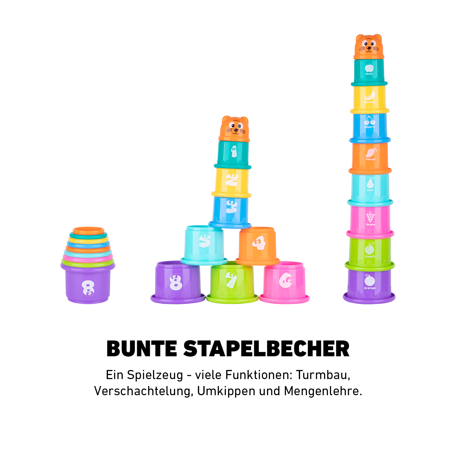 Bunte Stapelbecher aus dem Abenteuerset zur Förderung von Hand-Auge-Koordination